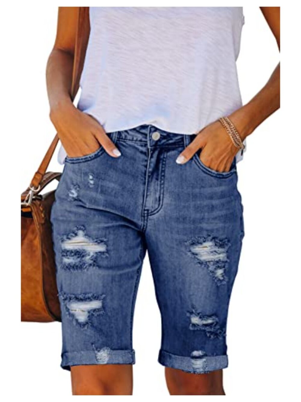 Ripped Denim Bermuda Jean Shorts Stretchy Rolled Hem Summer Casual